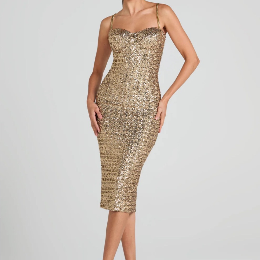 NADINE MERABI Gold Sequin Bodycon Dress
